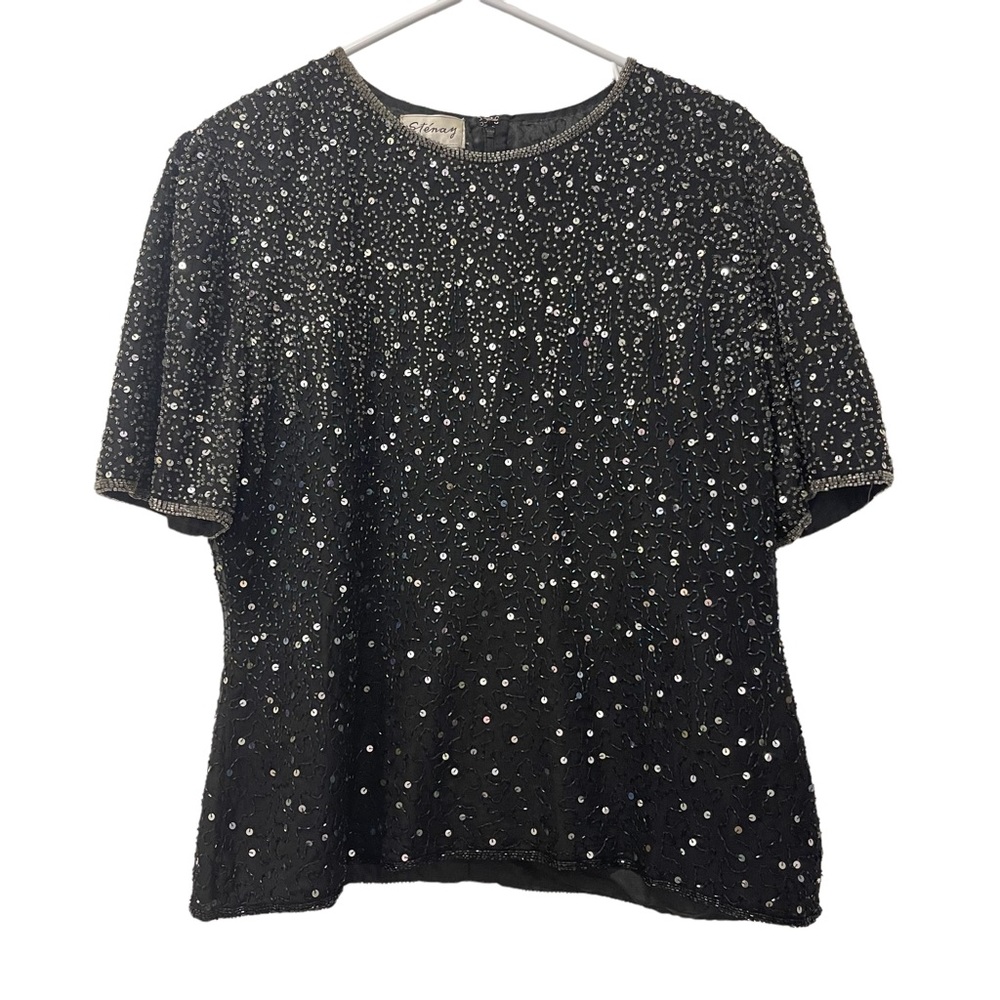 VINTAGE STENAY BLACK SILK SEQUINS TOP SHELL BLOUSE HOLIDAY PARTY EVENING WEAR - Picture 2 of 13